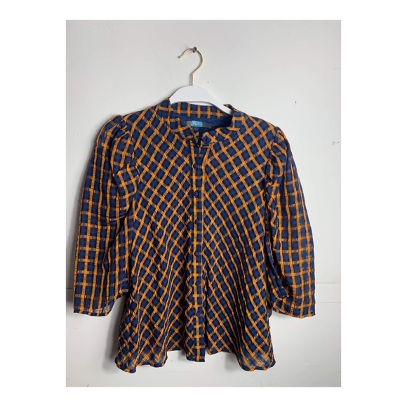 Eva Franco Anthropologie Textured Plaid Puff Sleeve Blouse Button up Shirt - Picture 7 of 8